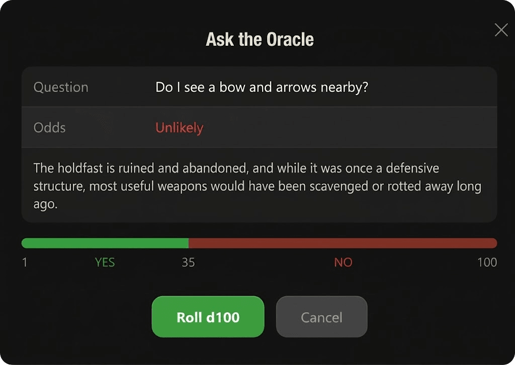 The Question tab in LiveTale with a yes/no question asking whether a bow and arrows can be found nearby