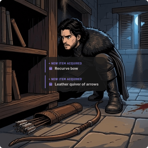 The scene after a successful d100 oracle roll: the narration reveals a bow and arrows discovered nearby