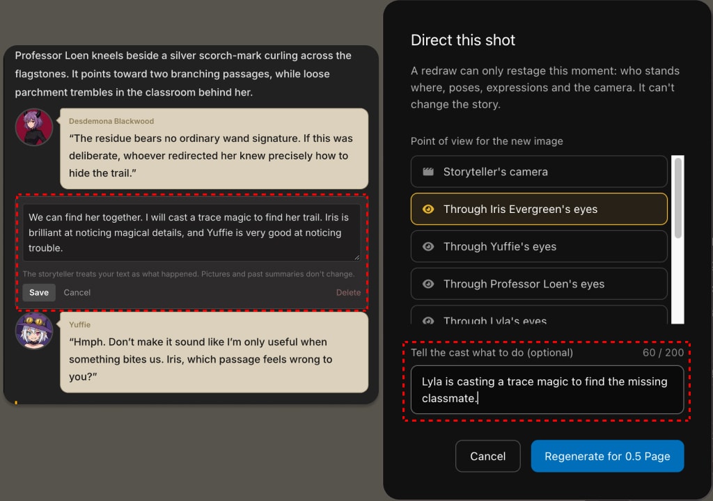 A narration beat open for editing, with Save, Cancel and Delete controls, beside the Direct this shot dialog showing a point of view list and a note telling the cast what to do