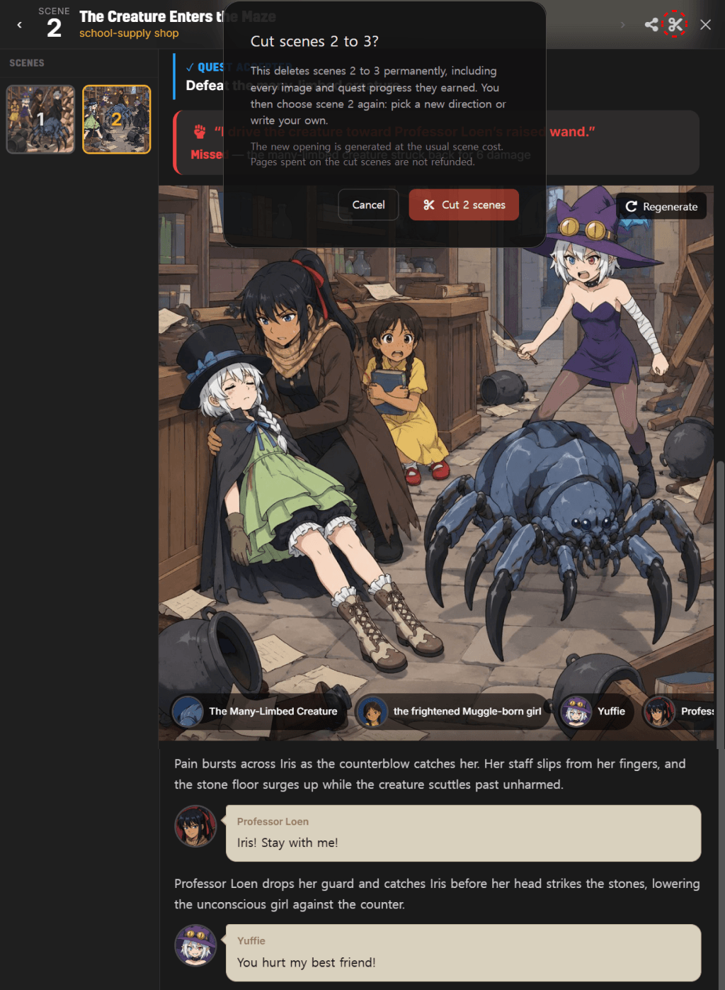 The Scene Archive with the scissors button at the top and a confirmation dialog asking Cut scenes 2 to 3, warning that the cut is permanent and that quest progress from the cut scenes is removed