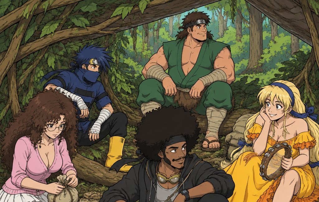 An illustrated LiveTale scene: an adventuring party of five resting together in a forest camp
