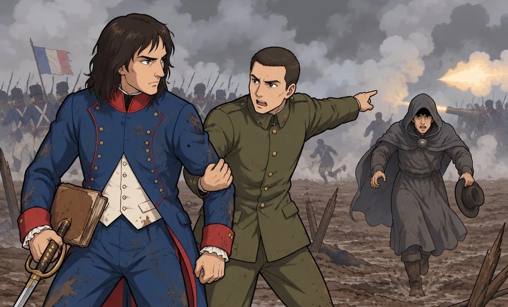 An illustrated LiveTale scene: Napoleon on a smoke-covered battlefield as an aide points toward the enemy line