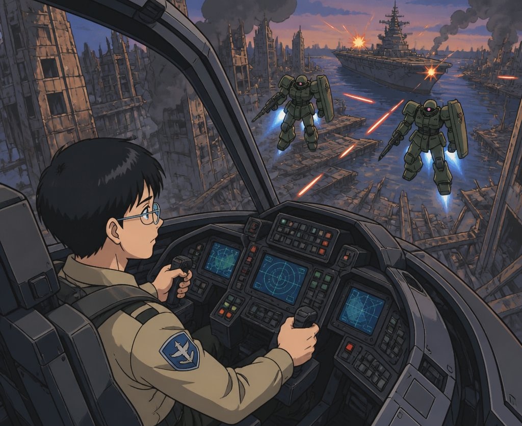 An illustrated LiveTale scene from inside a mech cockpit, enemy machines flying over a ruined city