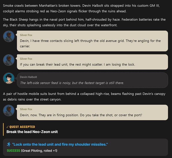LiveTale gameplay: narration, character speech bubbles, an accepted quest, and a successful dice roll