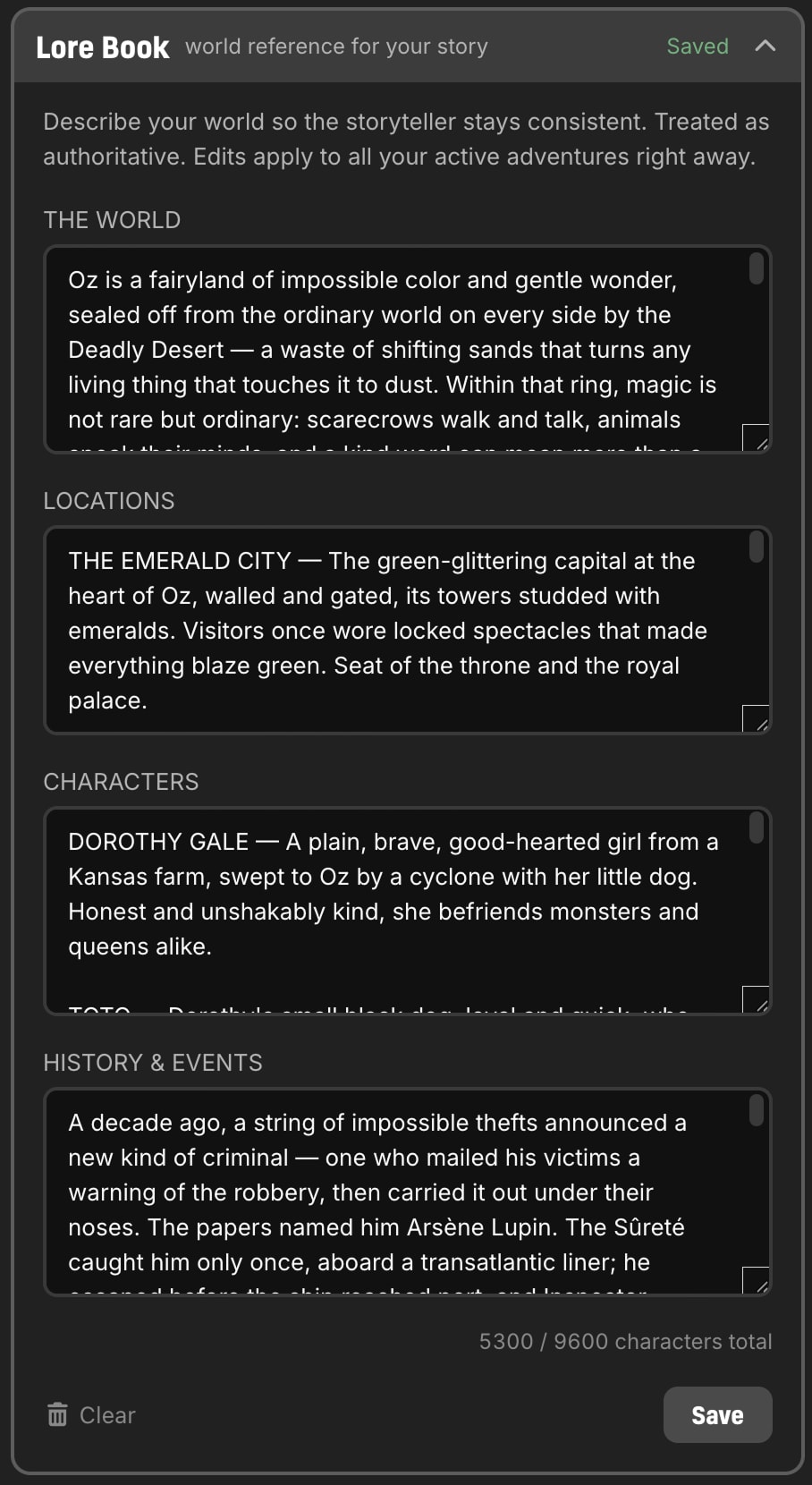A sample Lore Book filled in for a journey through the land of Oz