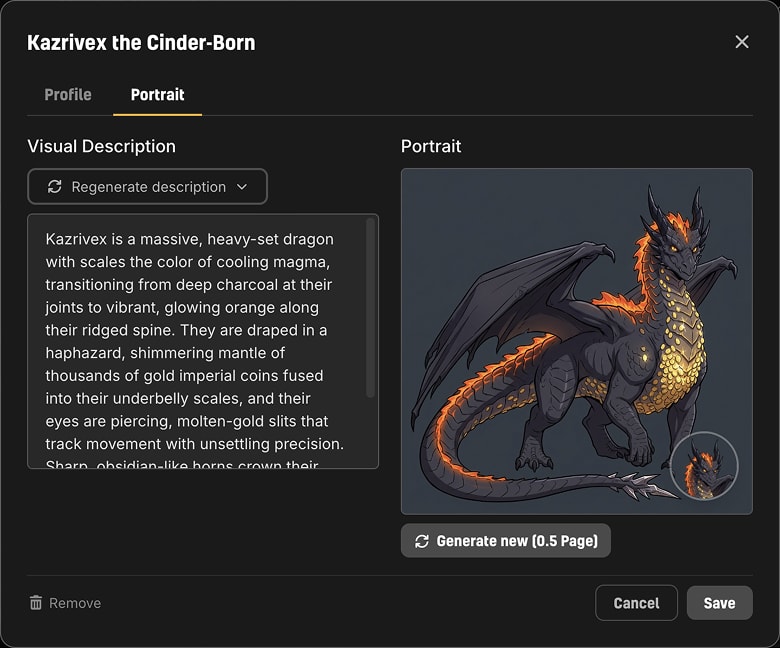 The character entry dialog with a visual description, a generated portrait, and generate and pin controls
