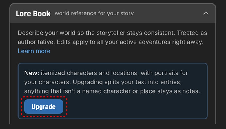 A legacy Lore Book showing the Upgrade button that converts free-form lore text into structured location and character entries