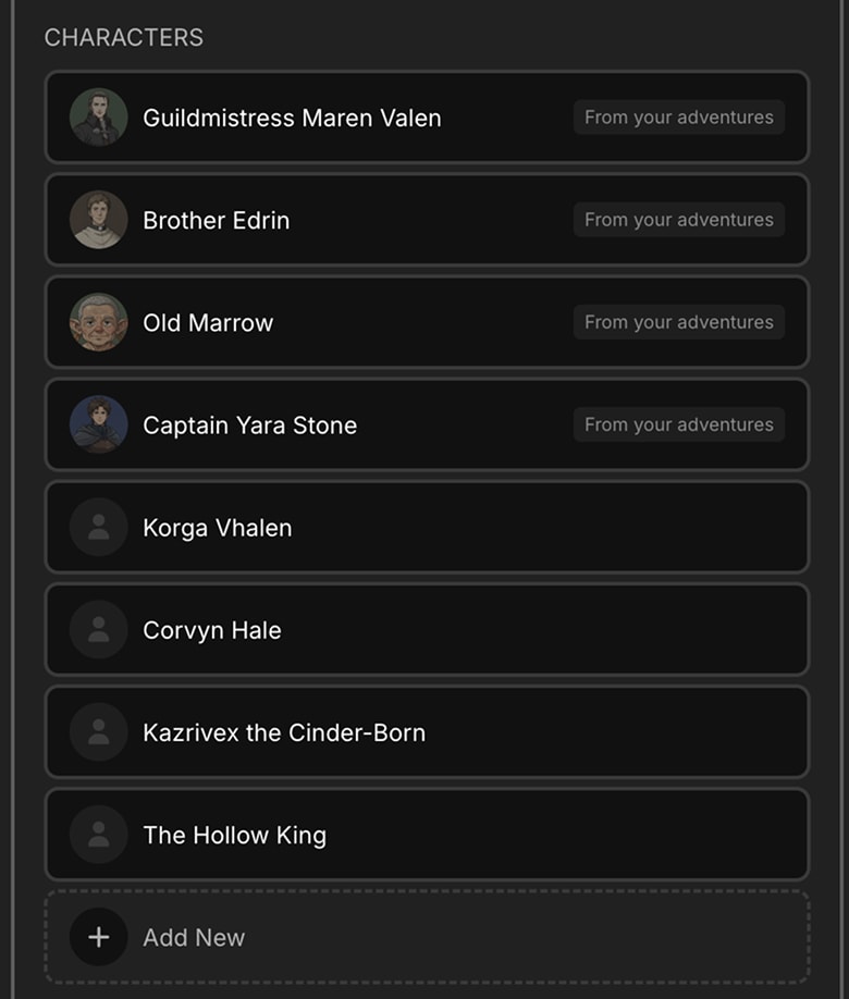 The Characters section with editable entries, one showing an adoptable portrait suggestion taken from a past adventure