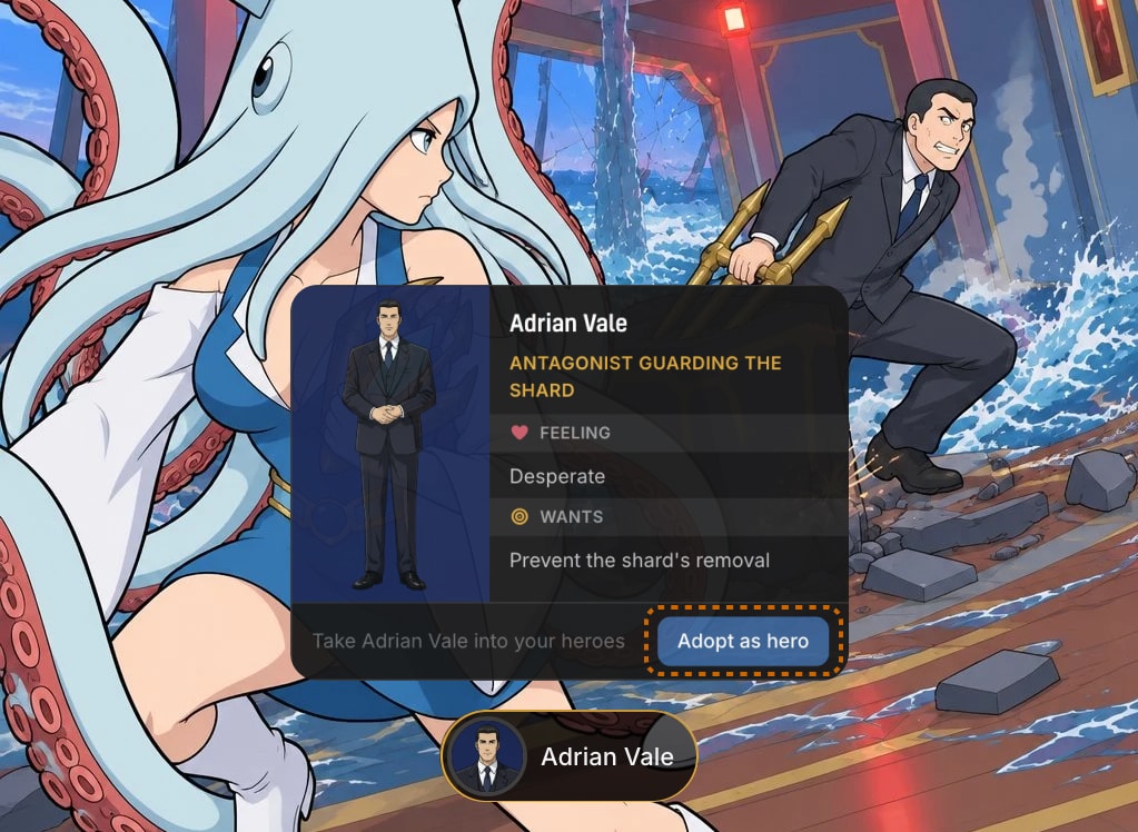 A scene image with NPC pills along the bottom, one pill opened into a card with an Adopt as hero button