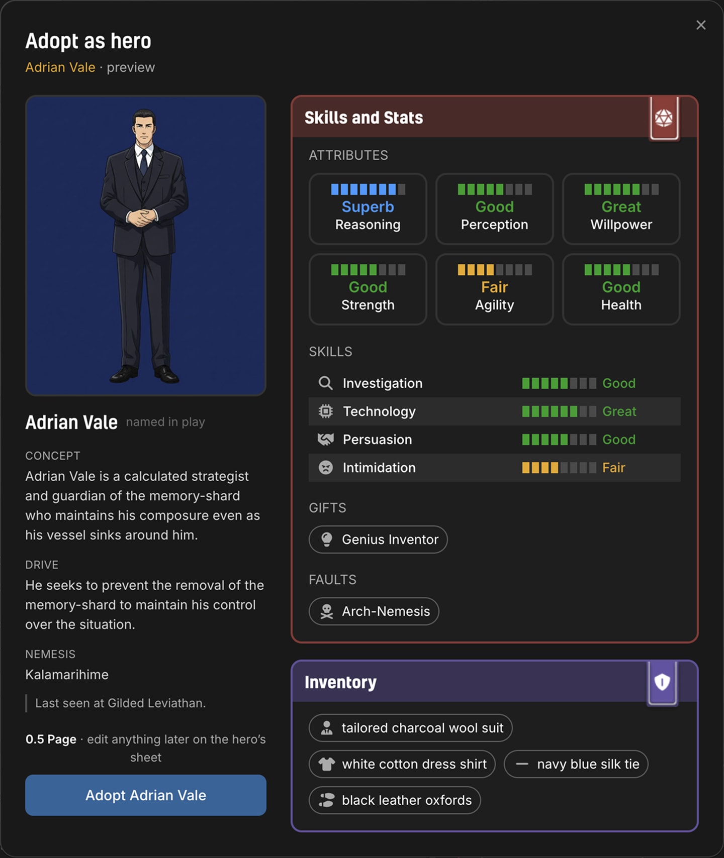 The adoption preview: the NPC's portrait and concept on the left, the full attributes, skills, gifts, faults, and inventory on the right