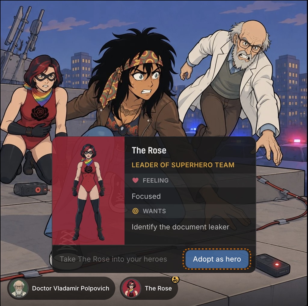 A Lore Book character appearing in a tale, with the Adopt as hero button available on their pill