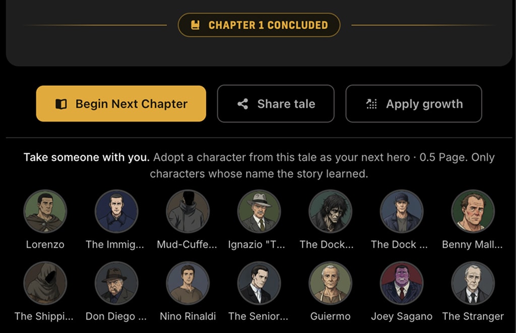The end of a chapter: the chapter concluded divider, the Begin Next Chapter button, and a row of NPC headshots under it
