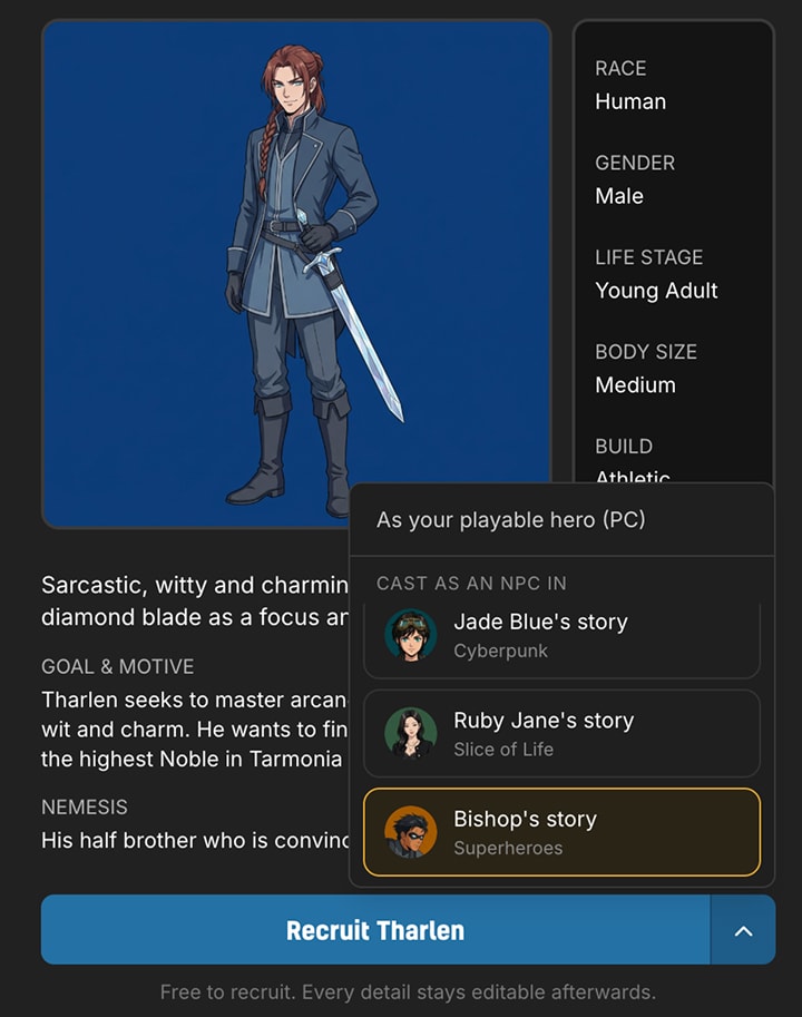 The recruit dropdown on a Tavern hero page listing your heroes' stories to cast into