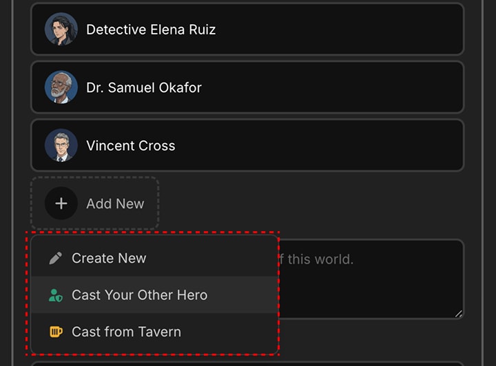 The Lore Book's Add New menu with Create New, Cast Your Other Hero, and Cast from Tavern options