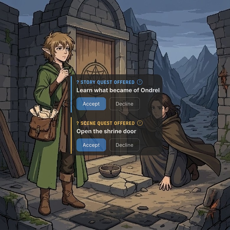 A story quest offered inline in the narration log, with Accept and Decline buttons below the quest text