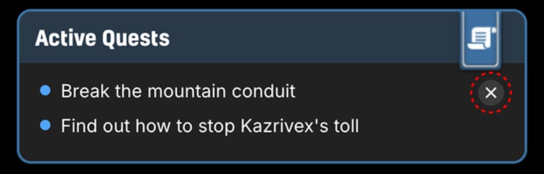 The Active Quests panel with a remove button on a quest, and the confirmation dialog asking whether to stop pursuing this goal