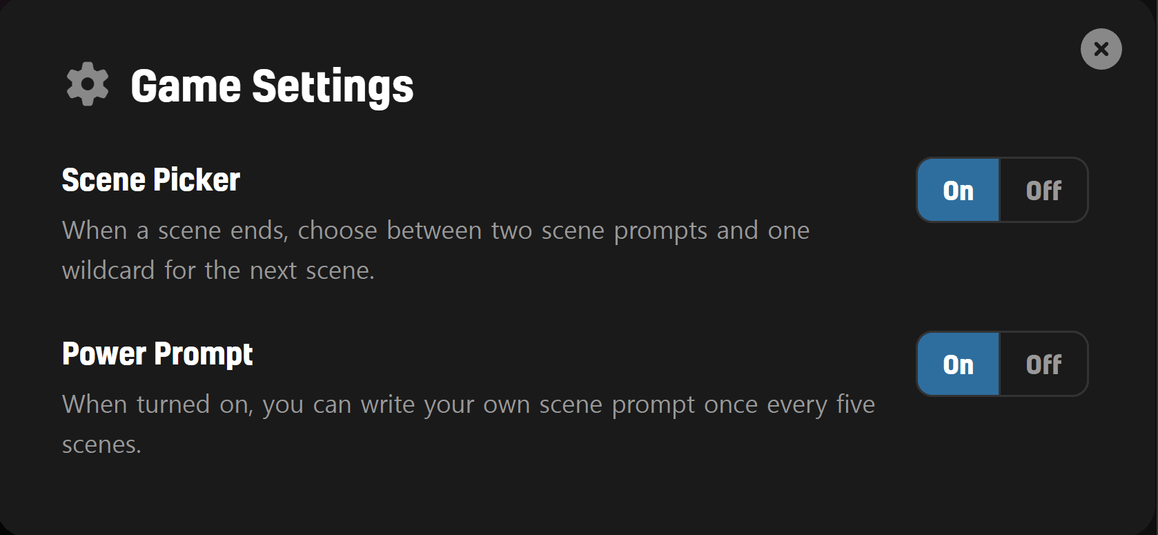 Game Settings dialog showing the Scene Picker and Power Prompt toggle rows
