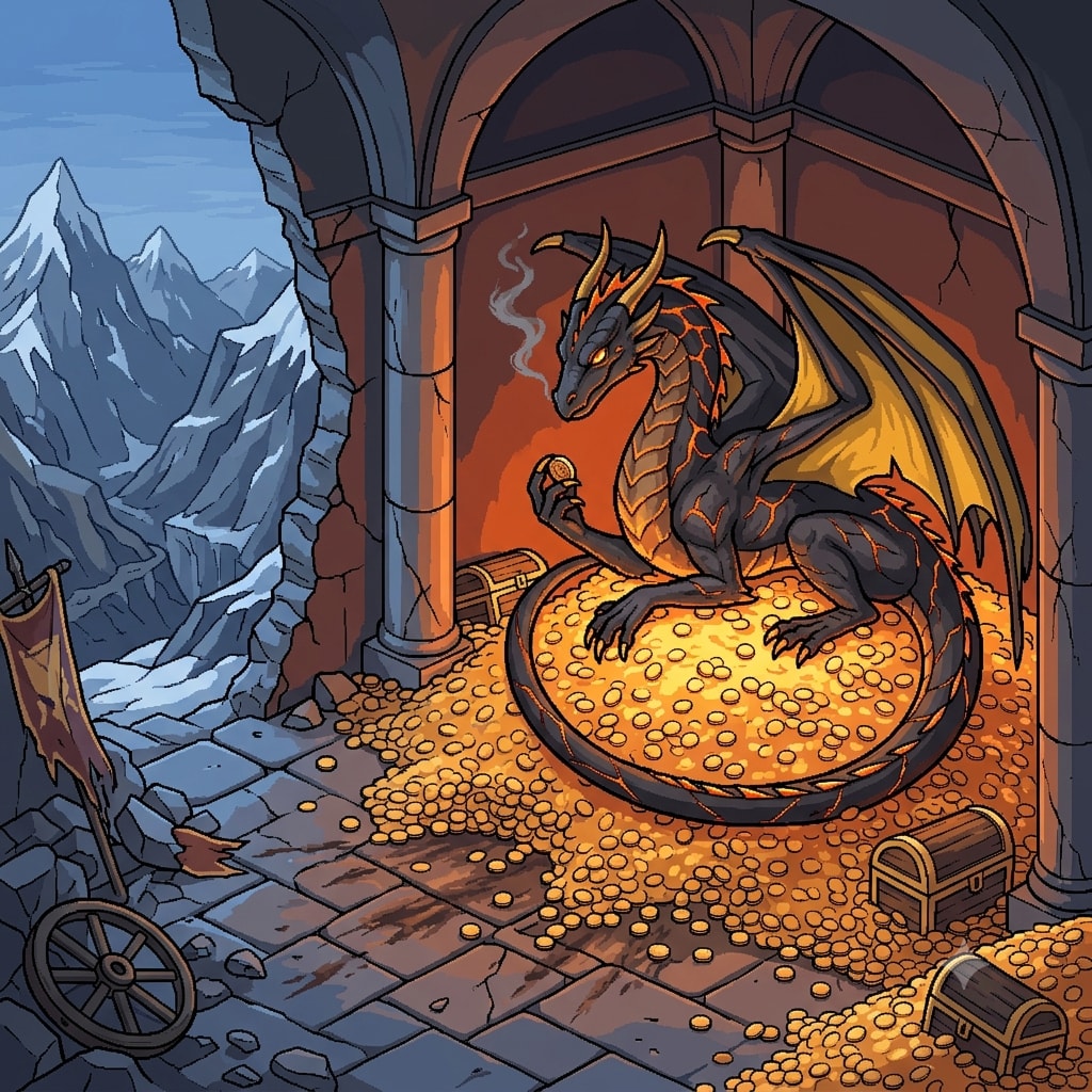 A young dragon with ember-cracked scales coiled on a hoard of coins in a ruined mountain hall
