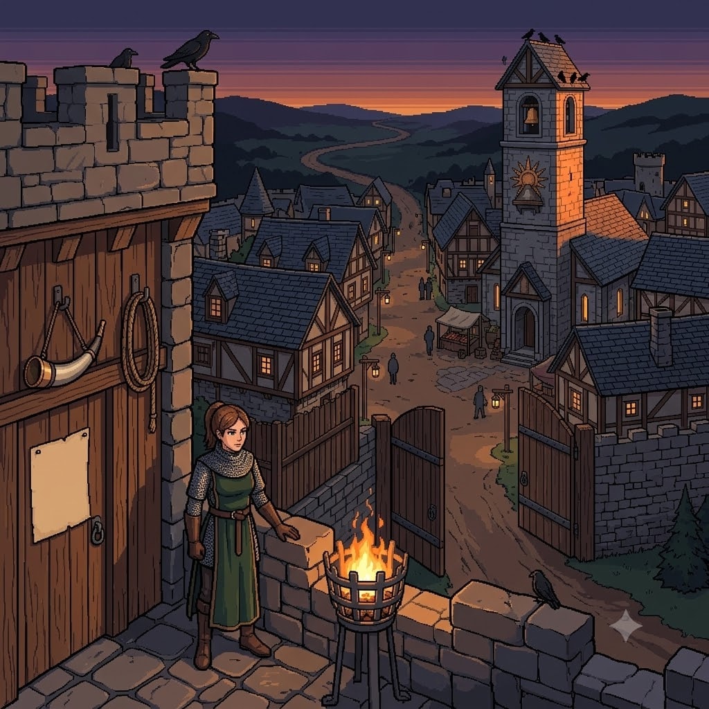 A watch captain standing on Harrowgate's gate-wall at dusk above the lantern-lit town