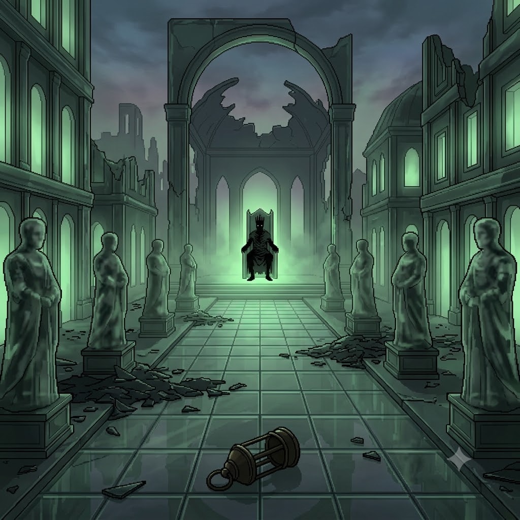 A dead city of green-glowing glass with a distant crowned silhouette enthroned at the end of a ruined avenue