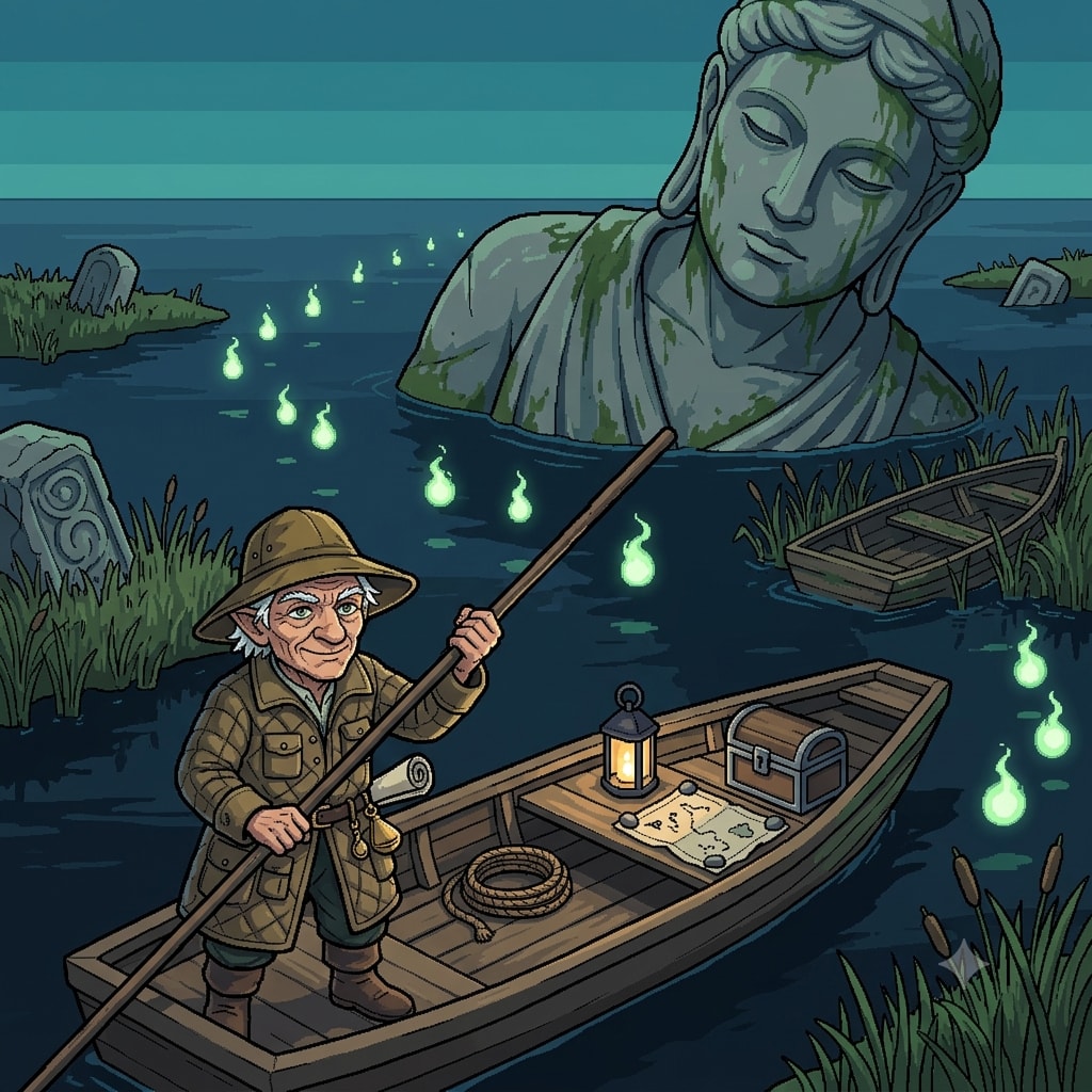 A halfling poling a barge along a wisp-lit channel past a colossal sunken statue at dusk