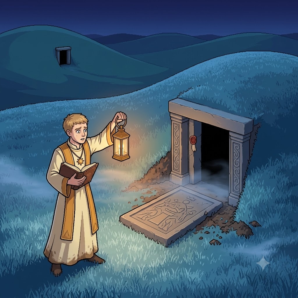 A young priest holding up a lantern before an opened barrow door spilling mist on a moonless night