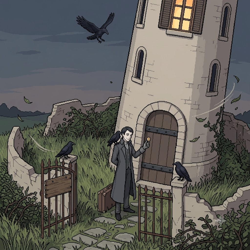 A gray-coated collector with crows offering a coin to the door of a leaning wizard's tower at dusk