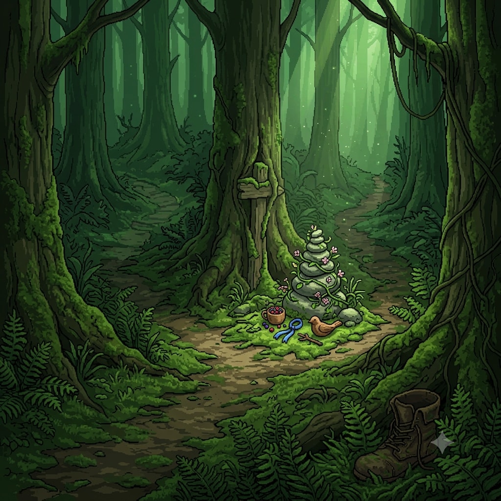 An empty forest path forking beside a mossy shrine in the ancient Thornwood