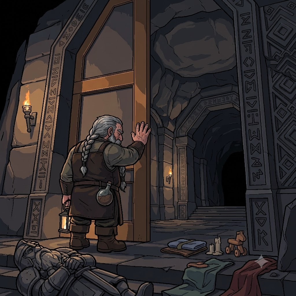 An old dwarf smith pressing his hand against colossal sealed vault doors in a dark gallery