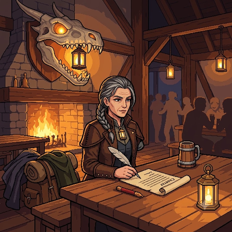 The one-armed guildmistress signing a charter in a firelit tavern beneath a mounted wyvern skull