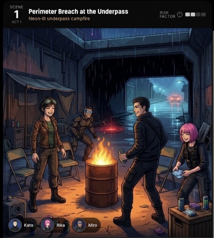 A scene image of three companions laughing around a barrel fire under a neon-lit underpass while rain falls outside