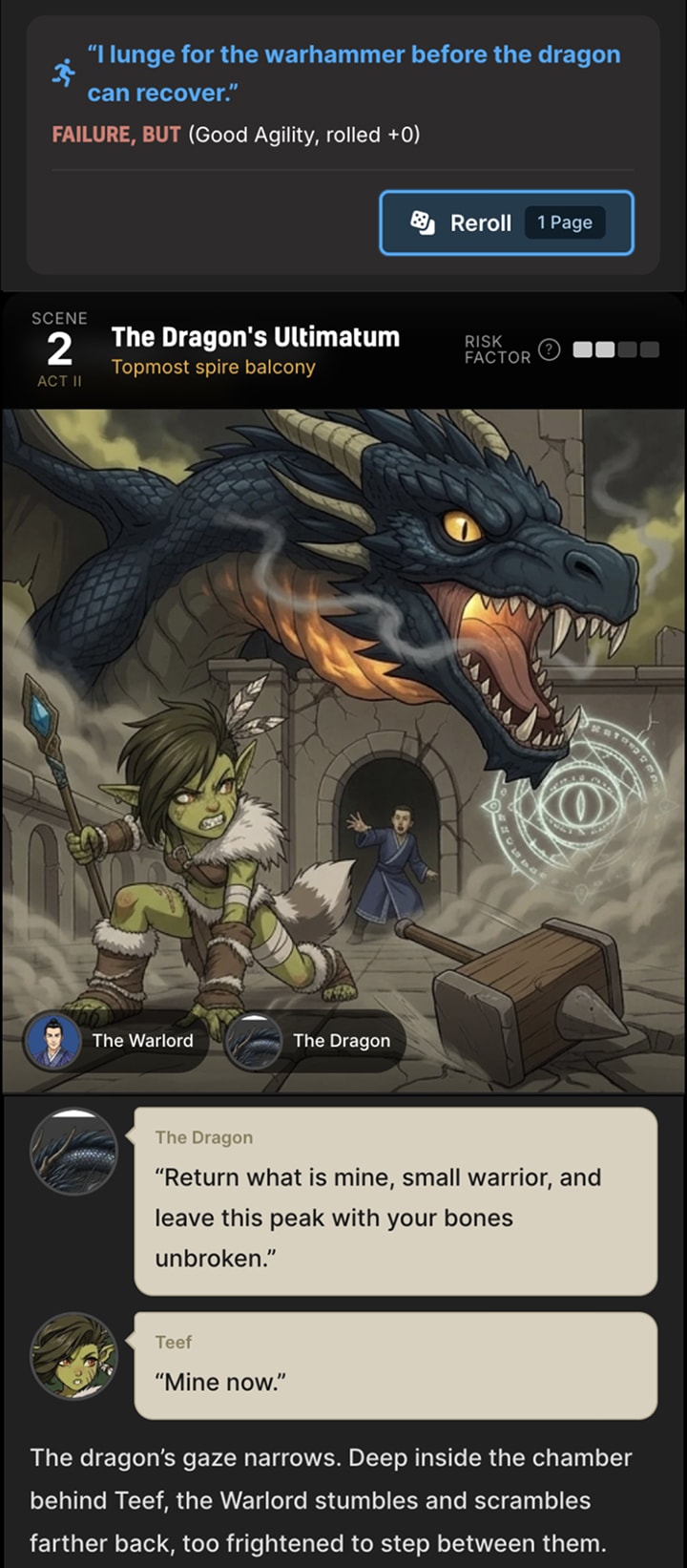 A LiveTale scene on mobile: an illustrated frame of a goblin heroine facing a dragon on a spire balcony, speech bubbles for the dragon and the hero, and a dice result bar reading FAILURE, BUT with a reroll button