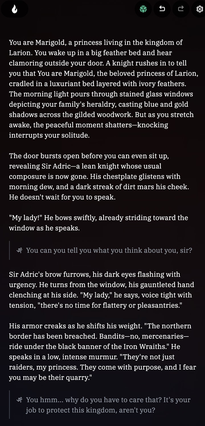 An AI Dungeon session on mobile: paragraphs of plain story text with the player's typed inputs in between