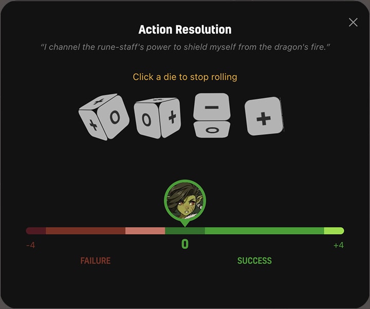 LiveTale's Action Resolution dialog: four Fudge dice mid-roll for the action of channeling a rune-staff to block dragon fire, above a failure-to-success bar centered on the hero's portrait