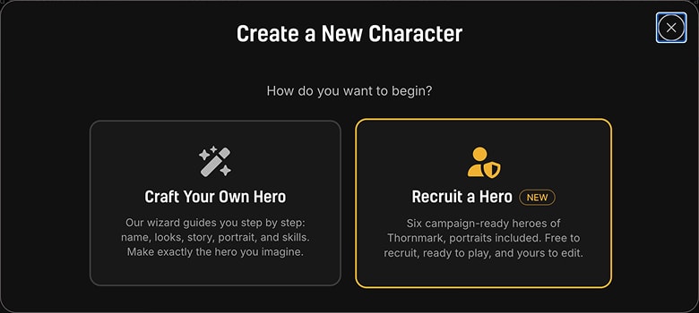 LiveTale's character creation chooser with two cards: Craft Your Own Hero and Recruit a Hero