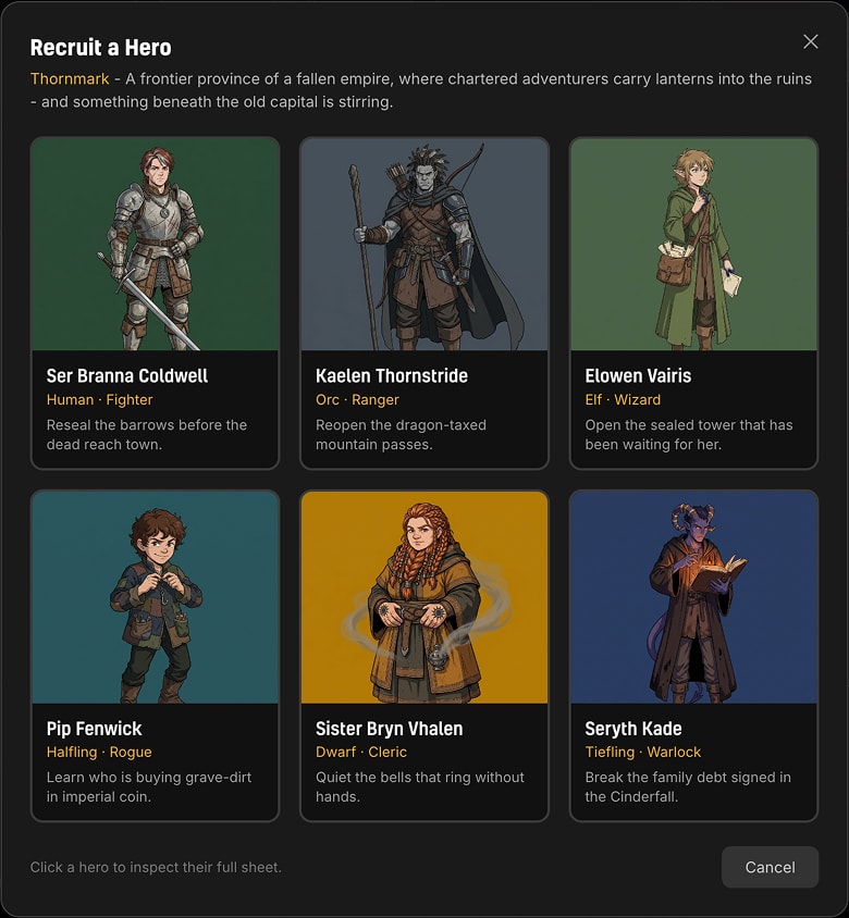 The Recruit a Hero roster showing six hero cards with portraits, races, classes, and story hooks