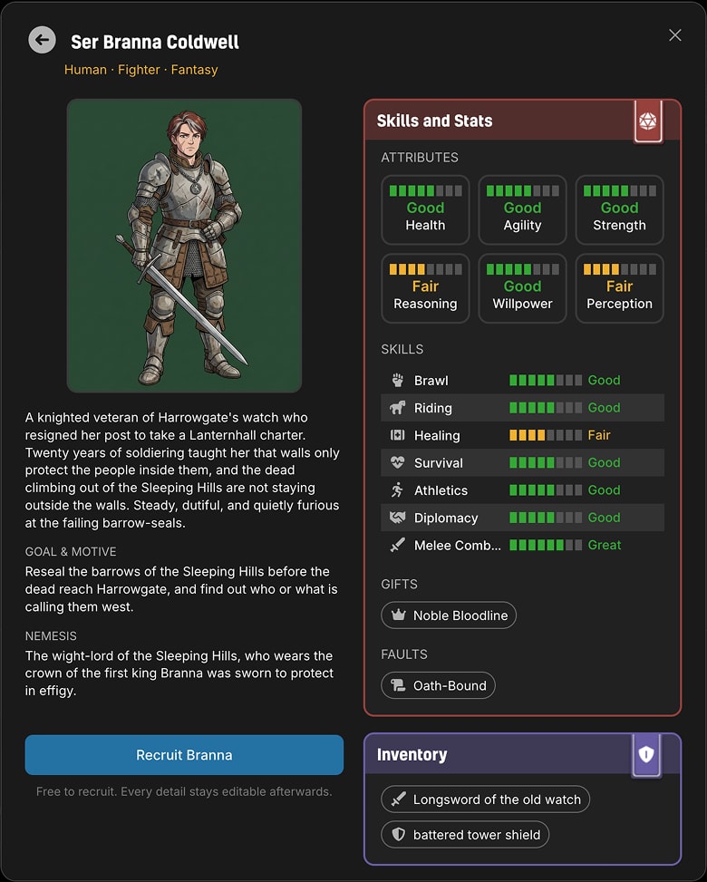 A recruited hero's full character sheet showing attributes, skills, gifts, faults, and inventory