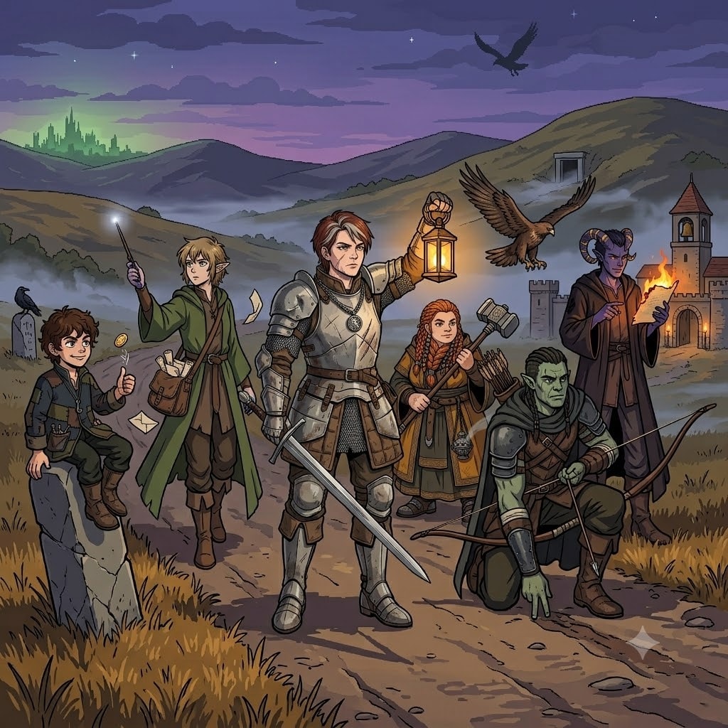 Six fantasy heroes setting out from a walled town at dusk, led by a knight raising a brass lantern