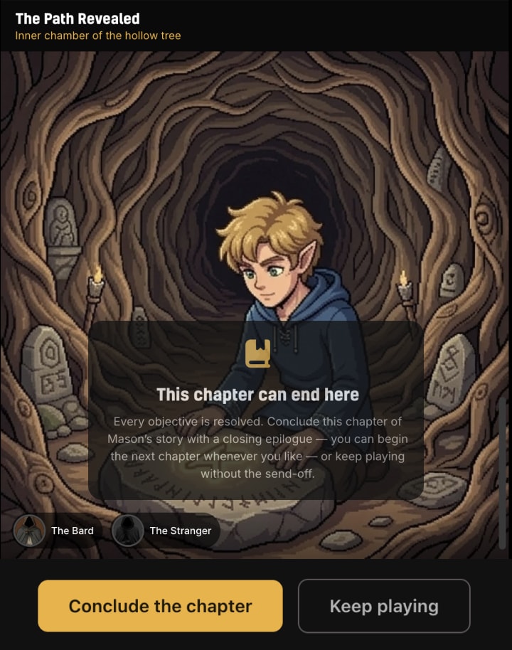 The final confirm dialog over a scene: 'This chapter can end here', with Conclude the chapter and Keep playing buttons