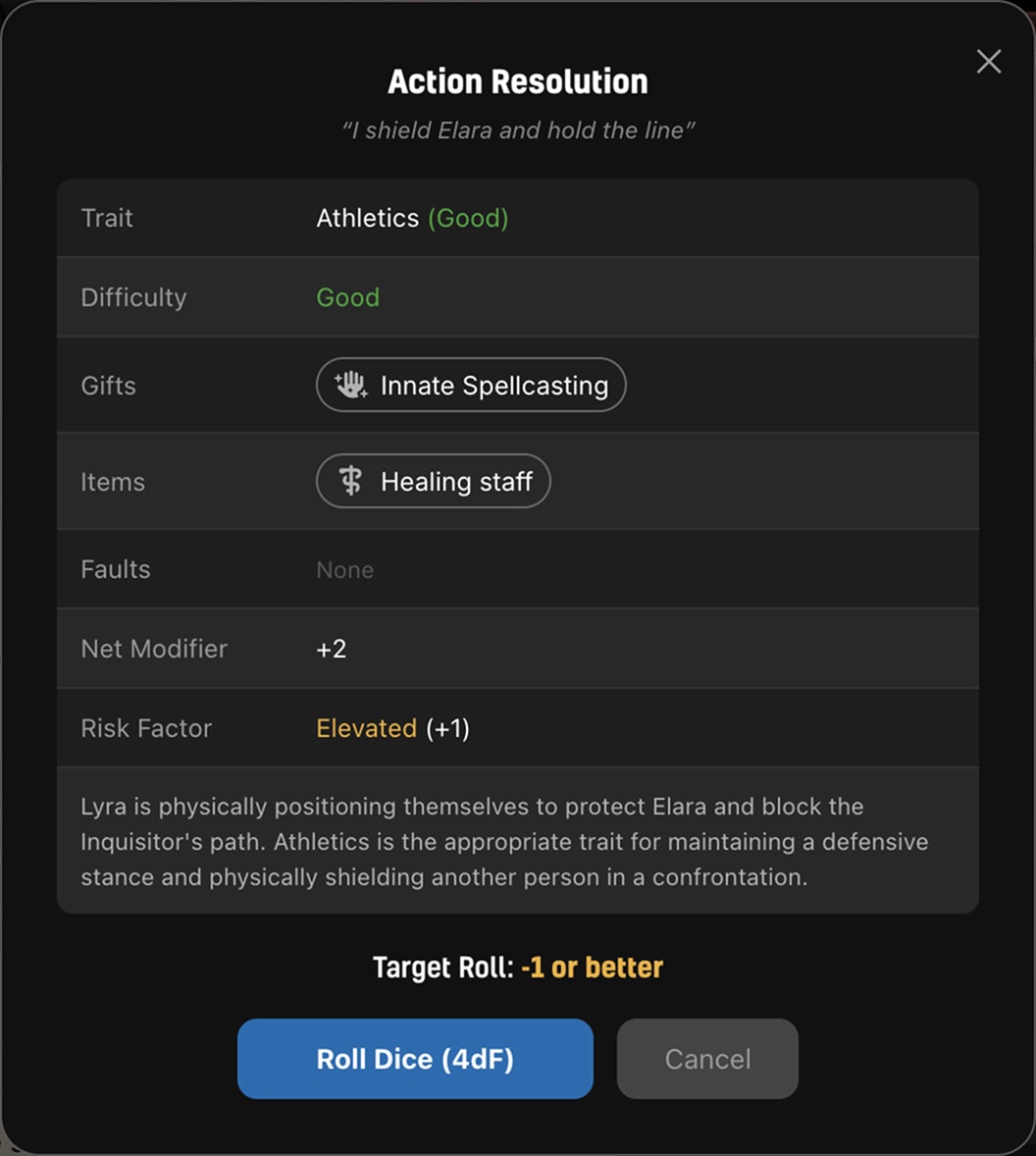 The Action Resolution dialog showing the chosen trait, difficulty, modifiers, risk factor, and target roll