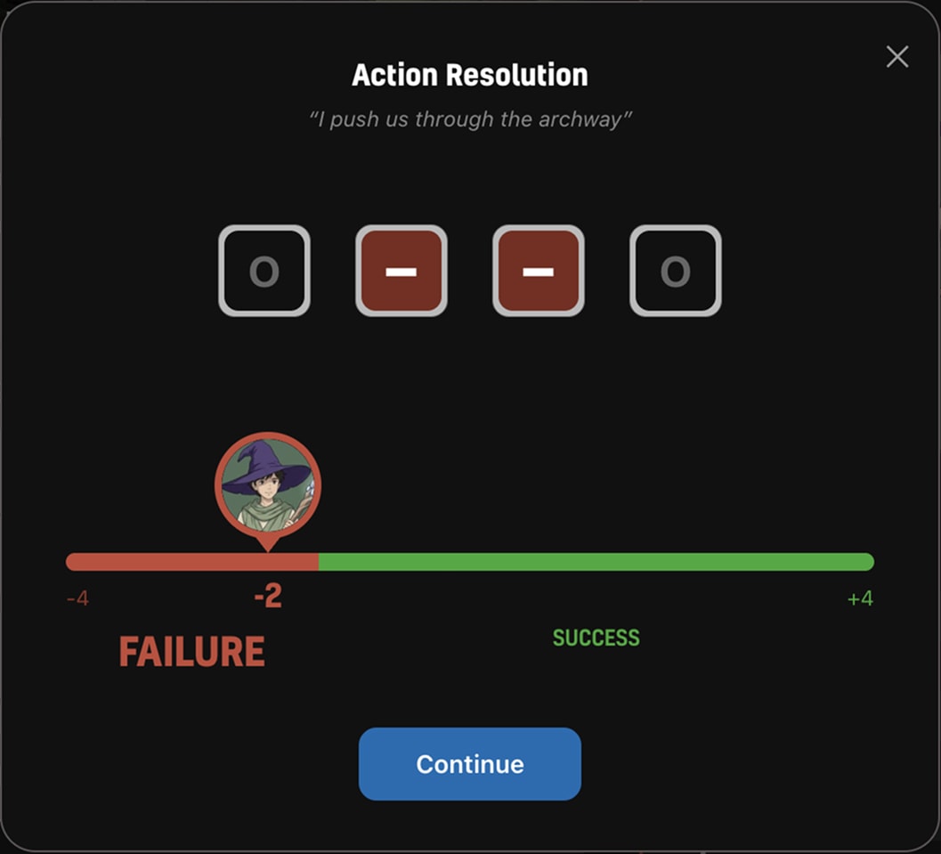The Fudge dice settled on a net result of minus two, landing in the red failure zone