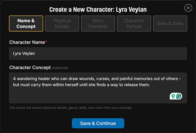 Step 1 of the character wizard: choosing a genre, a name, and a character concept