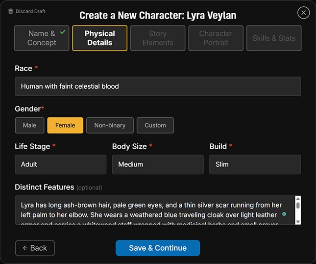 Step 2 of the character wizard: race, gender, life stage, body size, build, and distinct features