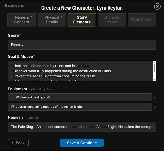 Step 3 of the character wizard: goal and motivation, plus an optional nemesis