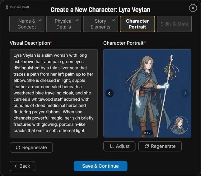 Step 4 of the character wizard: generating and adjusting the AI character portrait