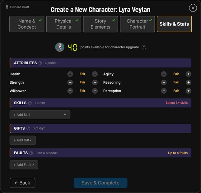 Step 5 of the character wizard: attributes and skills on the Fudge ladder with a point budget