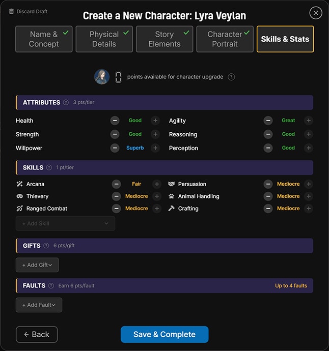 The finished character sheet with attributes, skills, gifts, and faults allocated