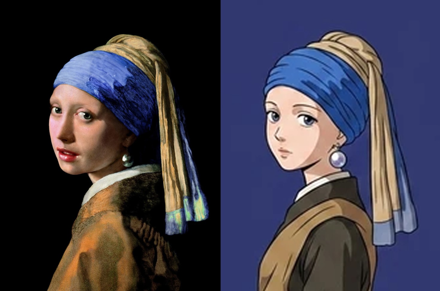 Vermeer's Girl with a Pearl Earring next to the LiveTale hero portrait generated from it