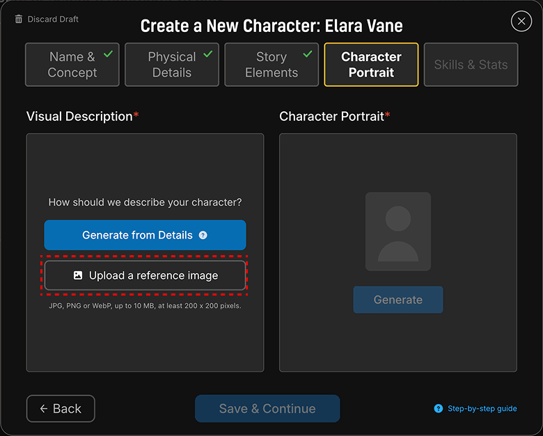 The Character Portrait step of the creation wizard with the Upload a reference image button highlighted