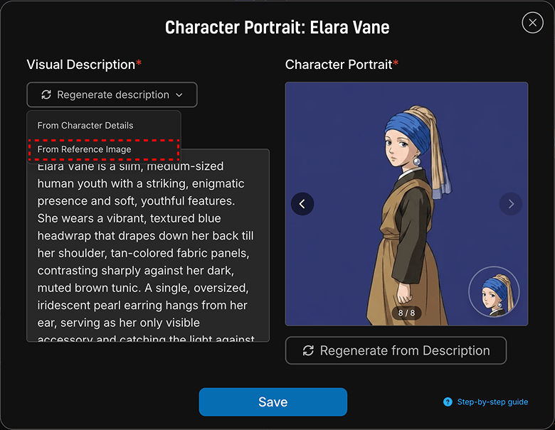 The portrait editor with the Regenerate description menu open and From Reference Image highlighted
